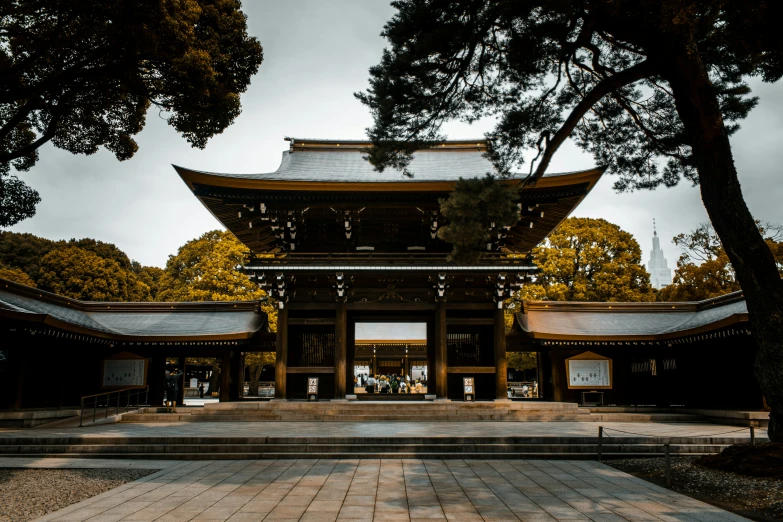 an oriental style building in a park on a cloudy day