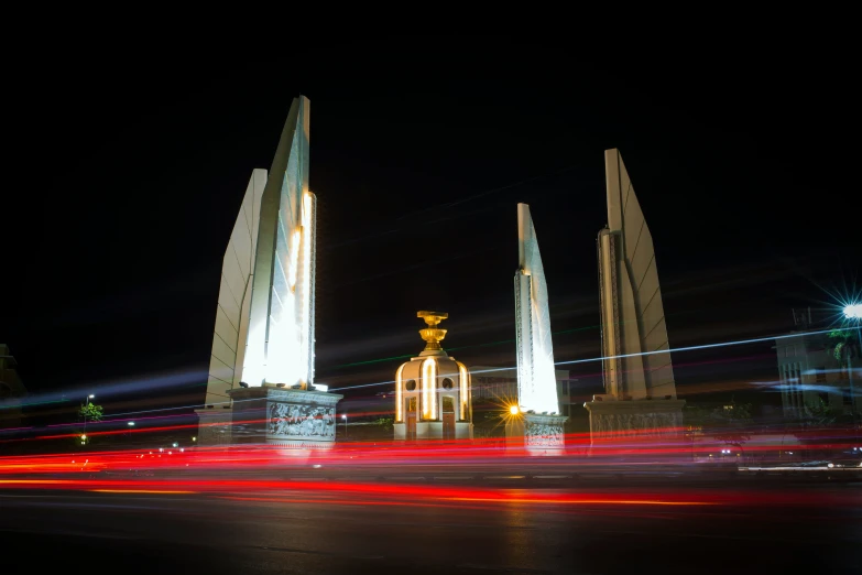 a view of city buildings at night time