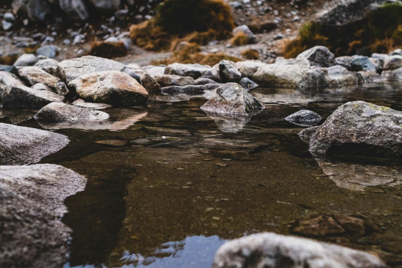 a small stream of water sitting in between some rocks