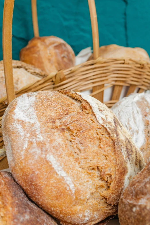 breads in a wicker basket, sitting on the ground