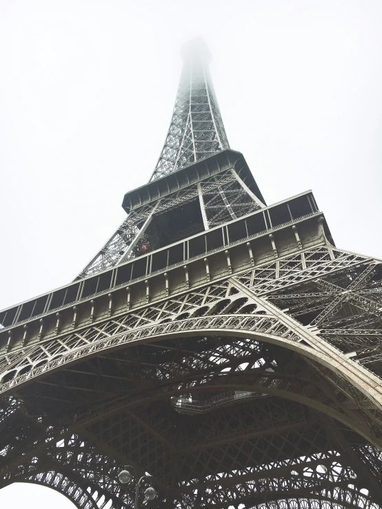 the top of the eiffel tower on a gray, foggy day