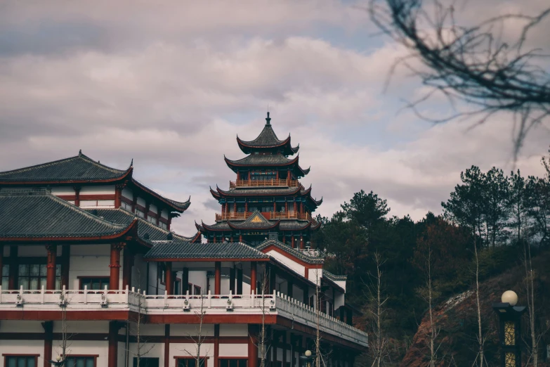 tall asian buildings on a cloudy day with trees behind them