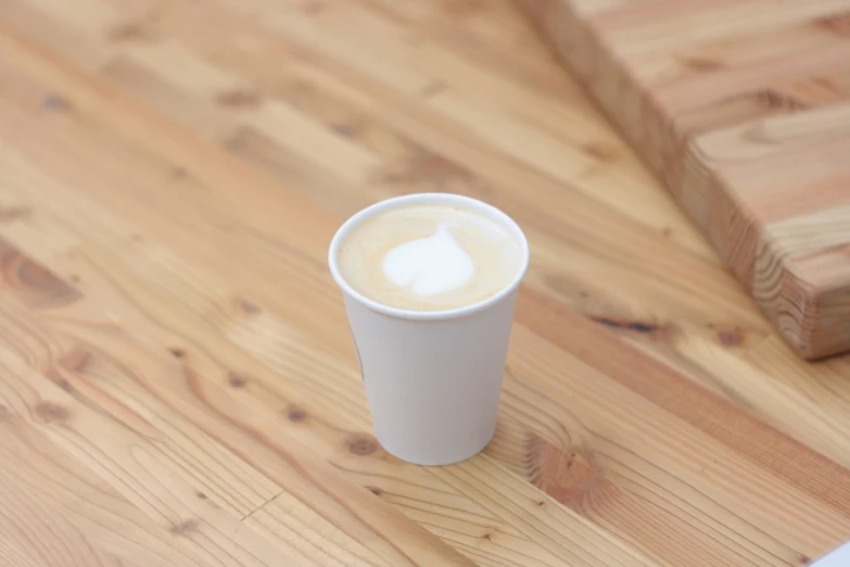 a cup of coffee sitting on top of a wooden table