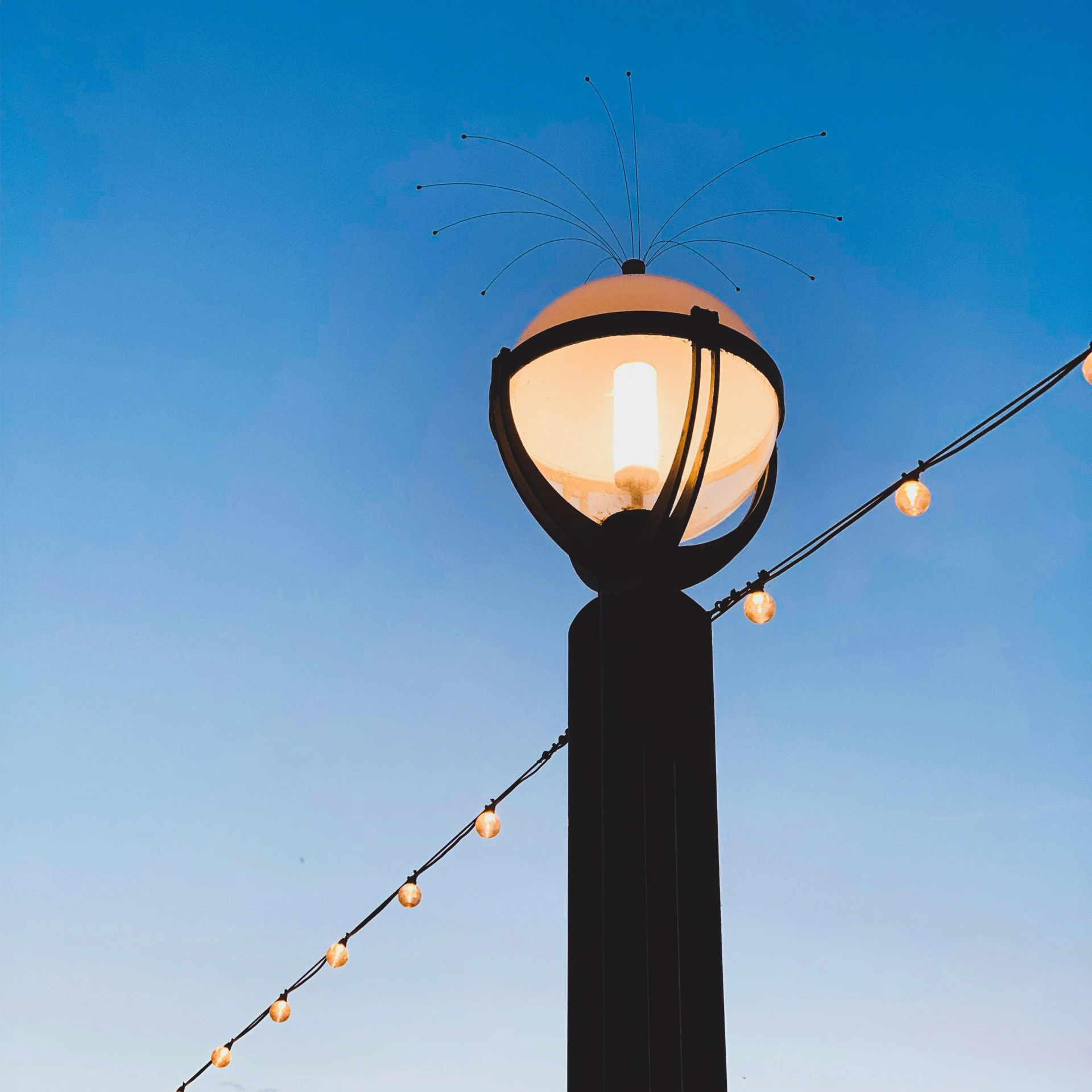 the lamp post is surrounded by lights on wires