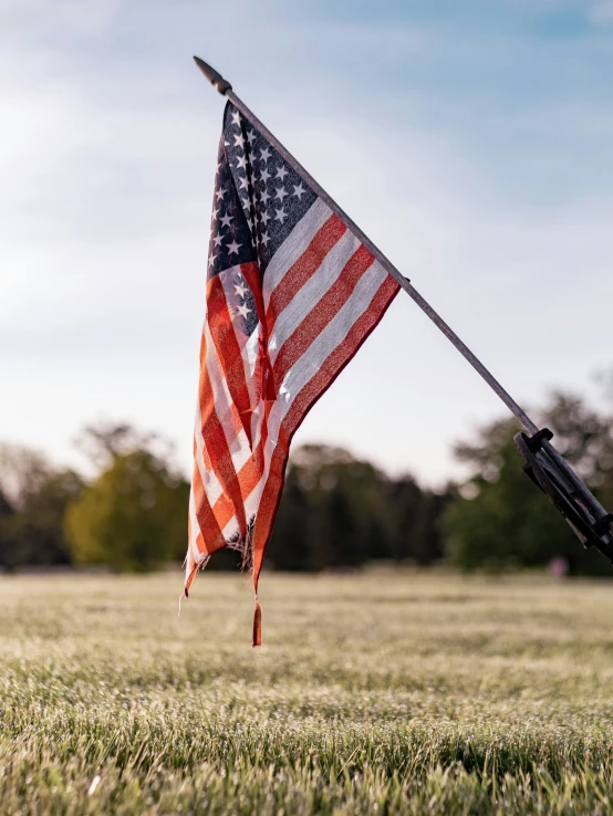 a flag sits in the grass with another american flag