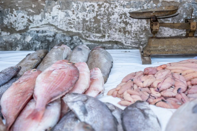 seafood being sold on the table at a fish market