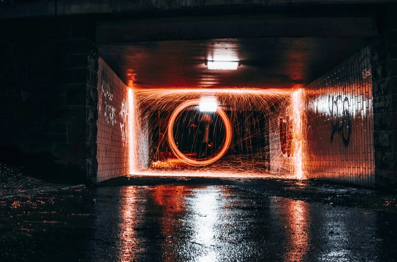 a light tunnel with lights in the dark