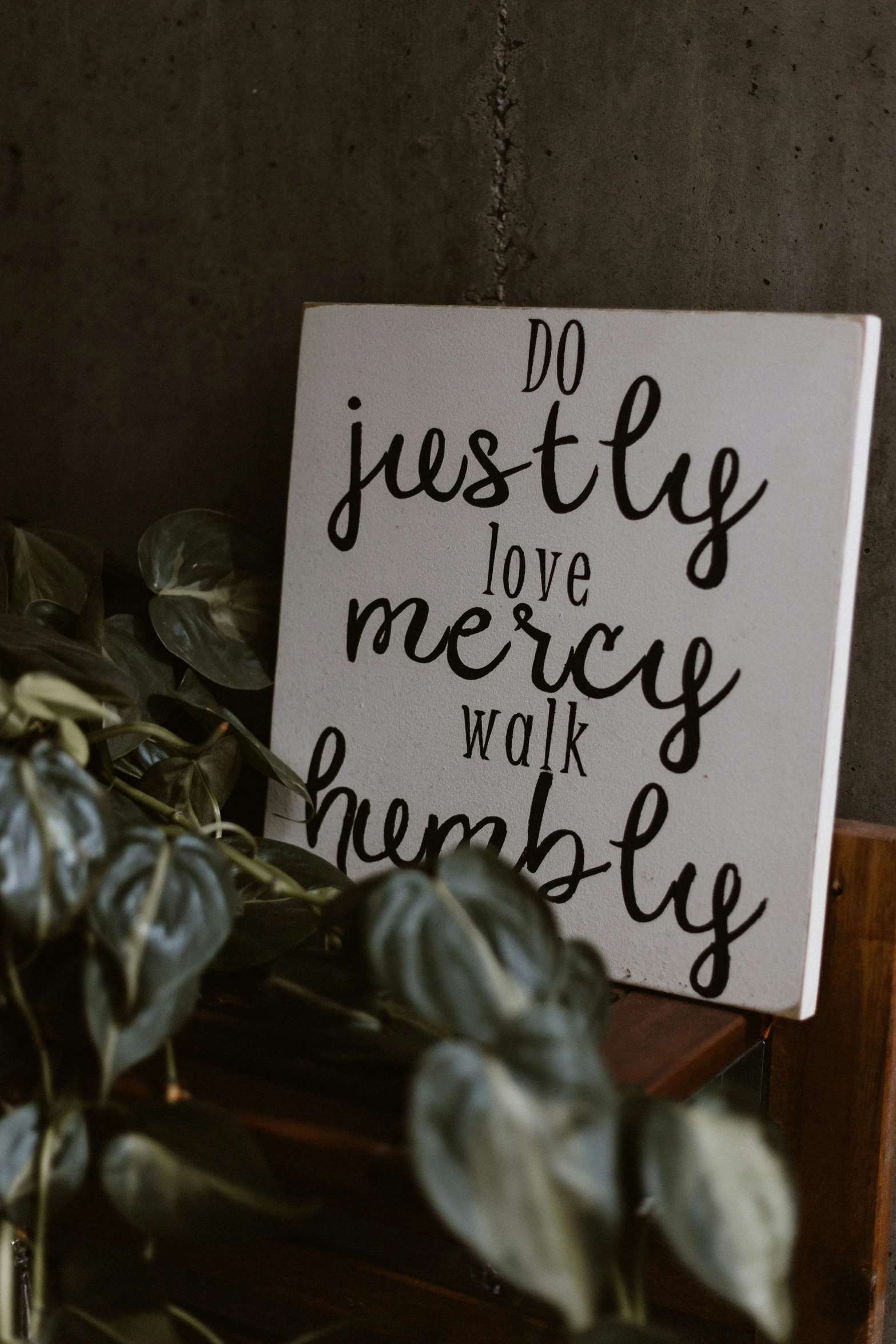 a sign is hung on a wall with greenery