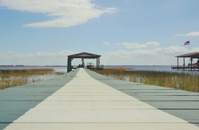 a dock on the water near some benches