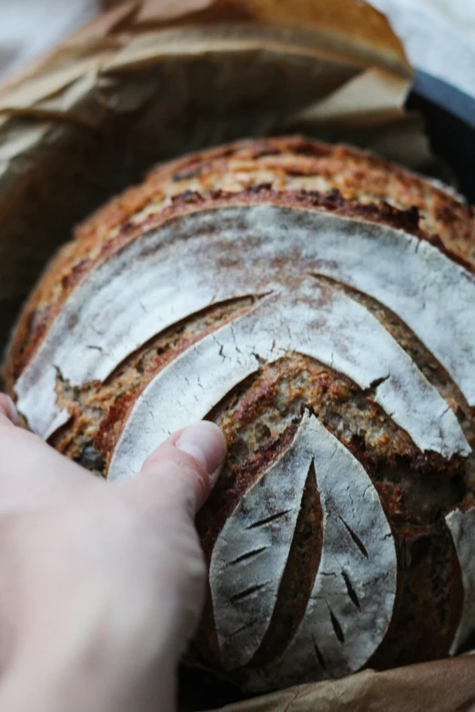 a hand that is touching the top of a loaf of bread