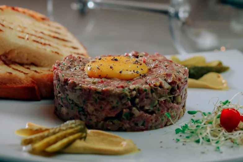 a plate of food including meat and an egg