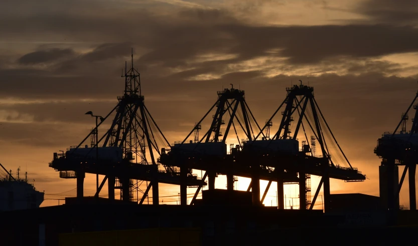 a couple of large cranes standing at sunset