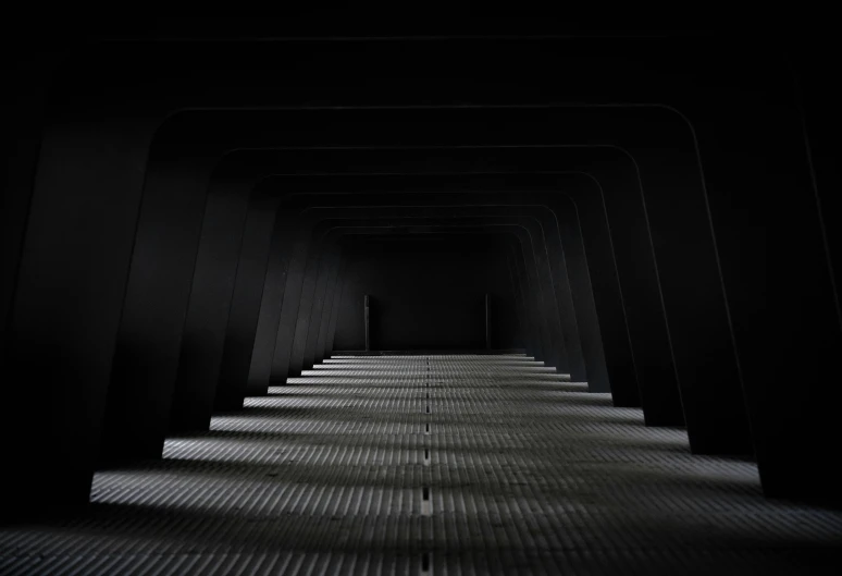 a dark tunnel is seen with many rows of lines