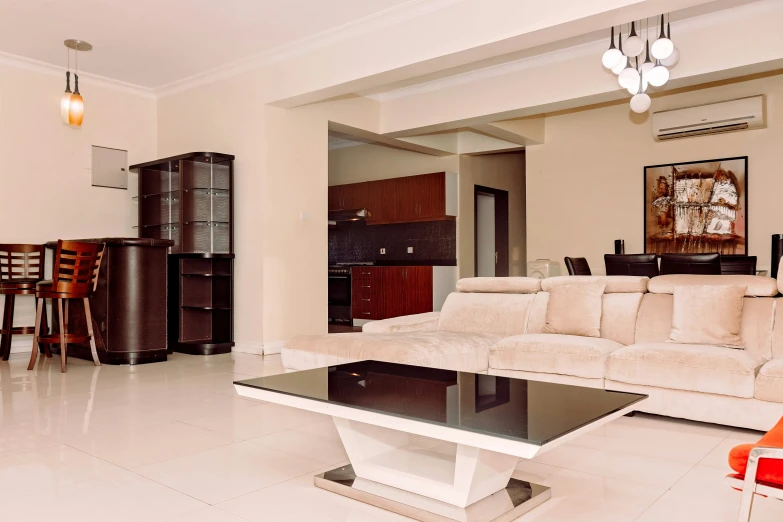 the black coffee table in this modern living room is clean