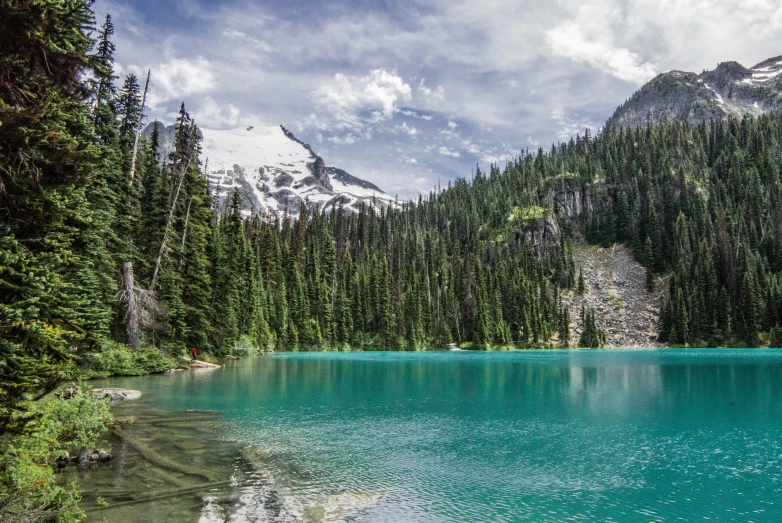 clear water with mountains in the background