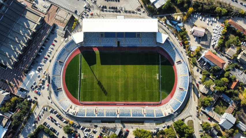 an aerial view of an empty football stadium