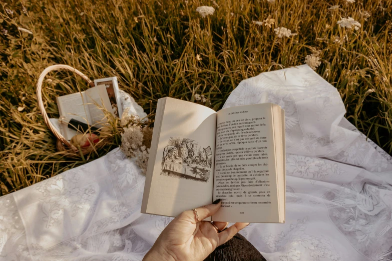 an open book is laying in a field