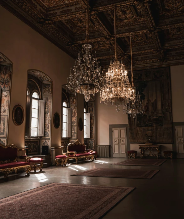 a large room with several windows and fancy furnishings