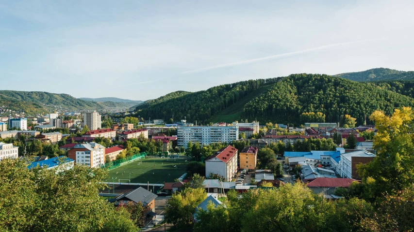 a city with many houses and trees