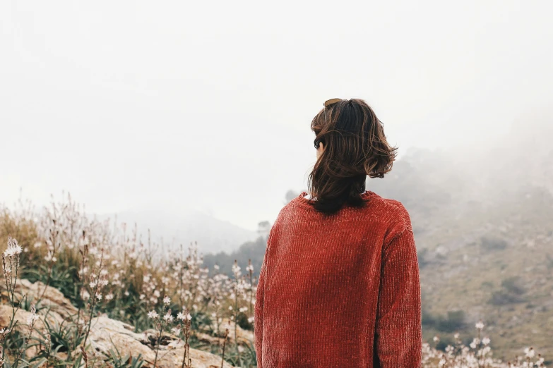 a girl in a red sweater standing on the edge of a mountain