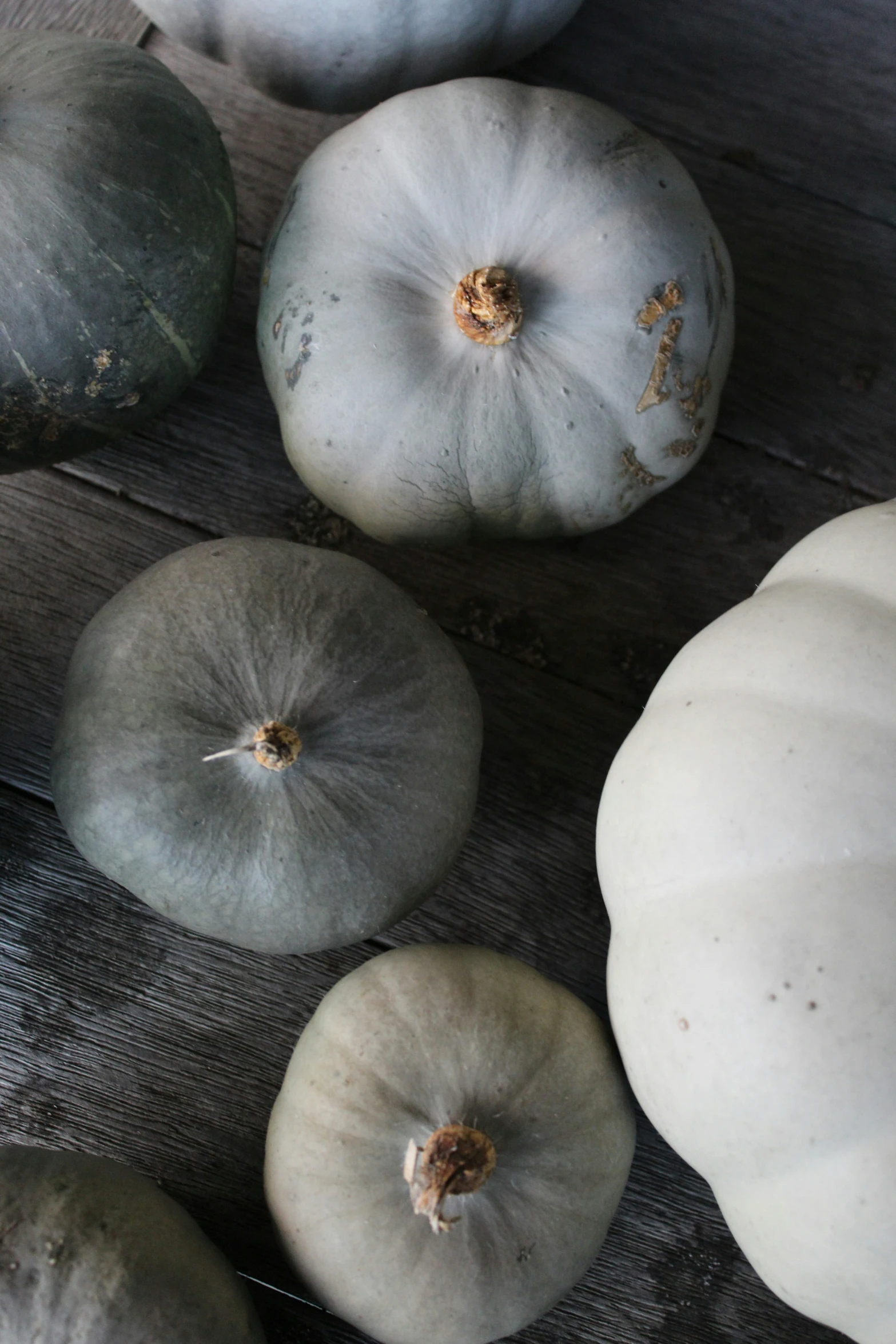 four green and three white pumpkins, sitting on a table