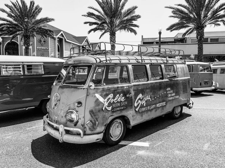 several vans parked in a parking lot with some palm trees behind them