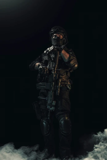man in uniform standing behind a machine gun on a cloudy night