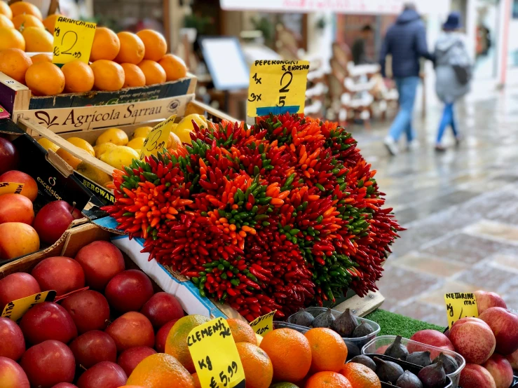 an assortment of fruit with price signs displayed