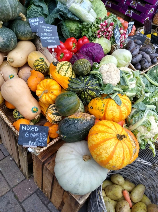 crates full of assorted vegetables and fruits for sale