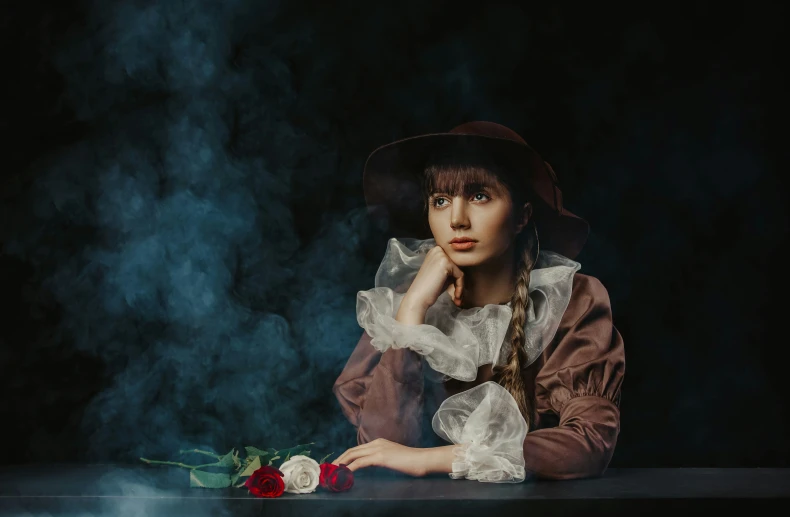 a woman in an old fashioned po and the background is lit up