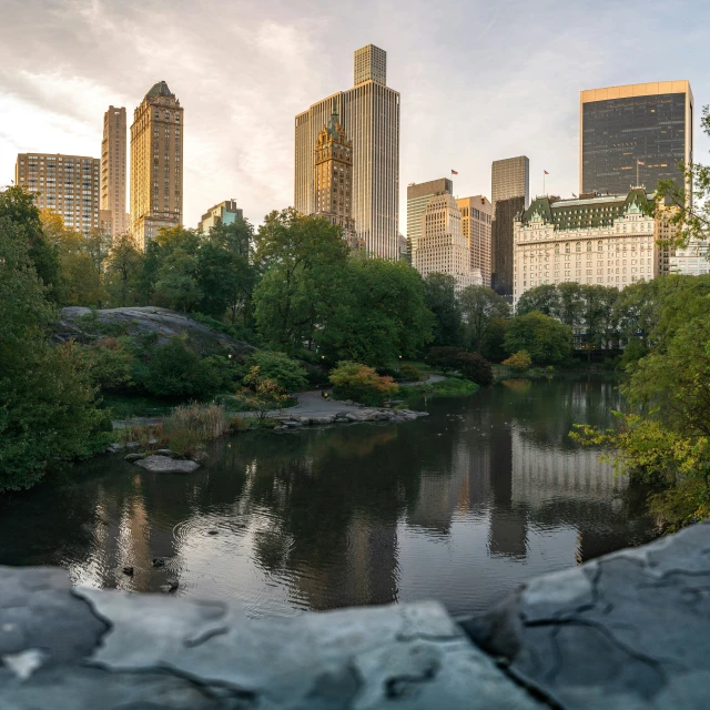 city skylines are seen on the other side of a river