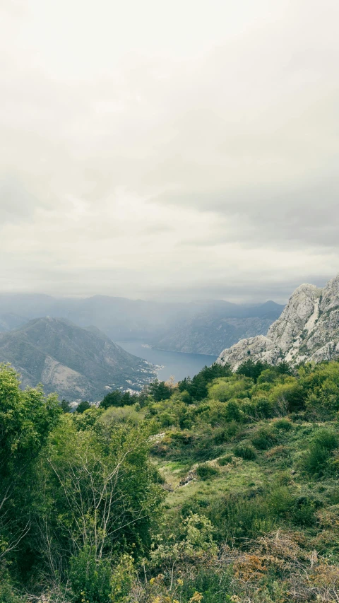 a scenic view of an overcast and grassy mountain