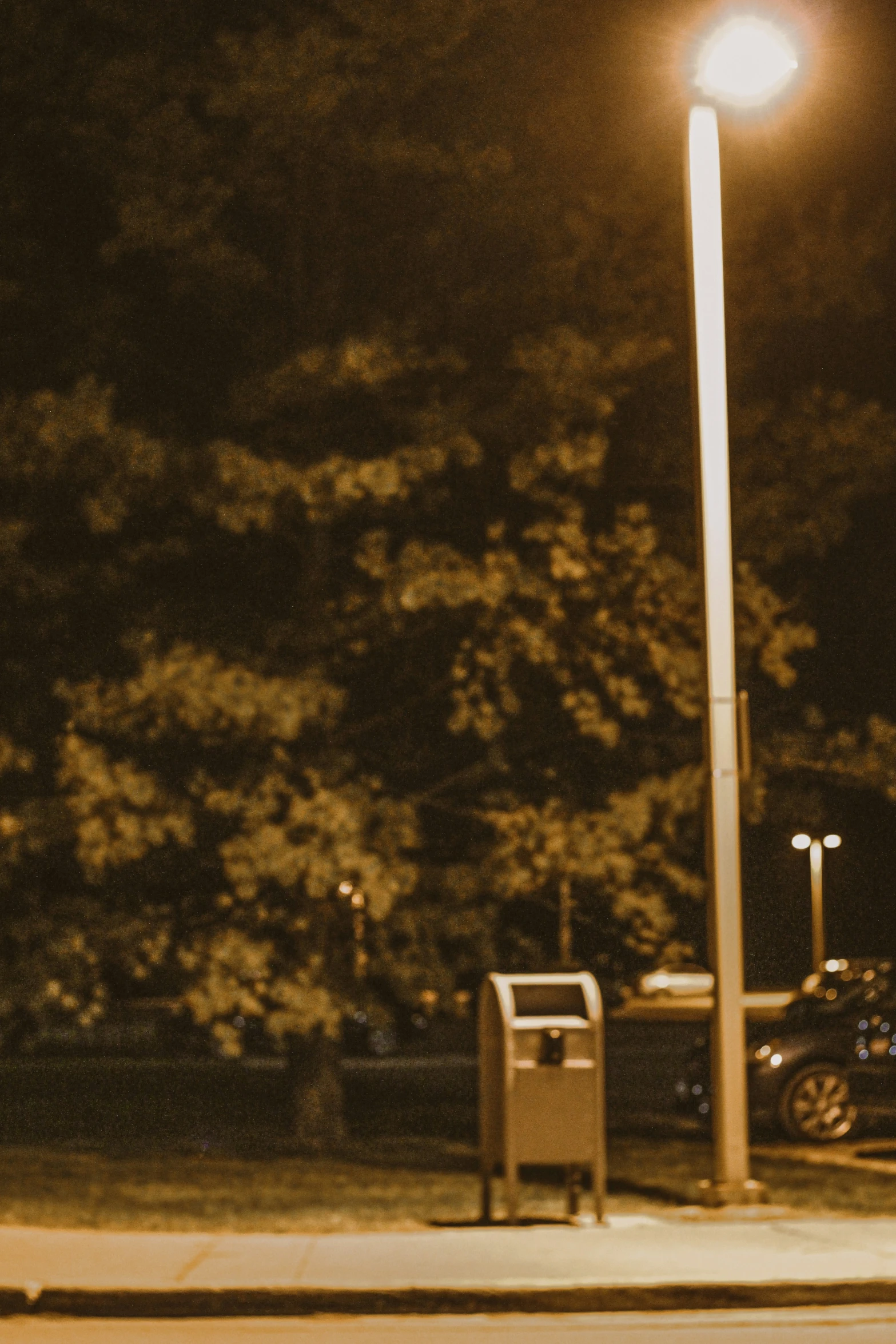 a traffic light on a street near a pole with a trash can on it