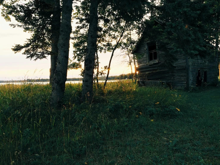 a small brick building sitting next to some trees