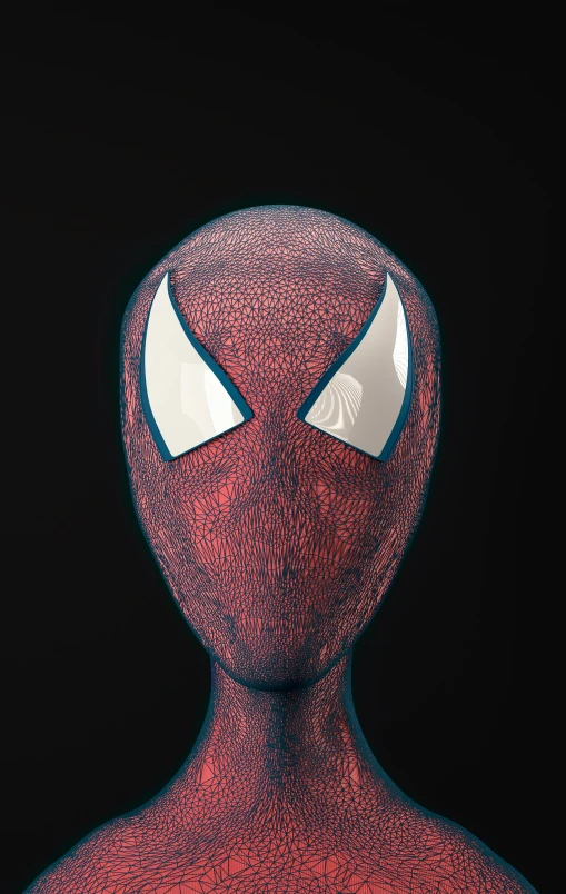 the spider man's face, which is painted red with a light blue eyes