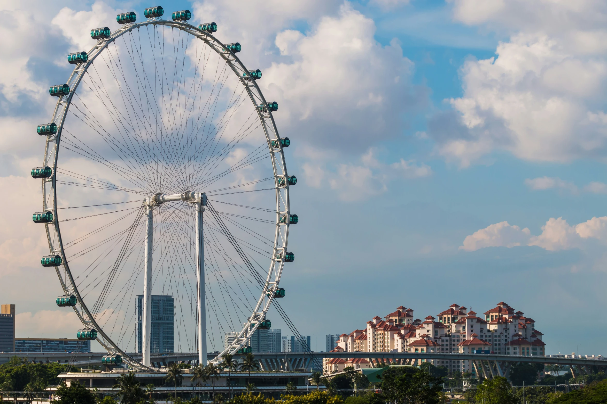 an enormous ferris wheel on the river with buildings in the background