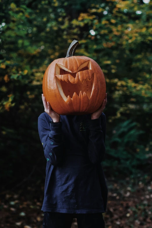 a child is holding a pumpkin with a face carved on it