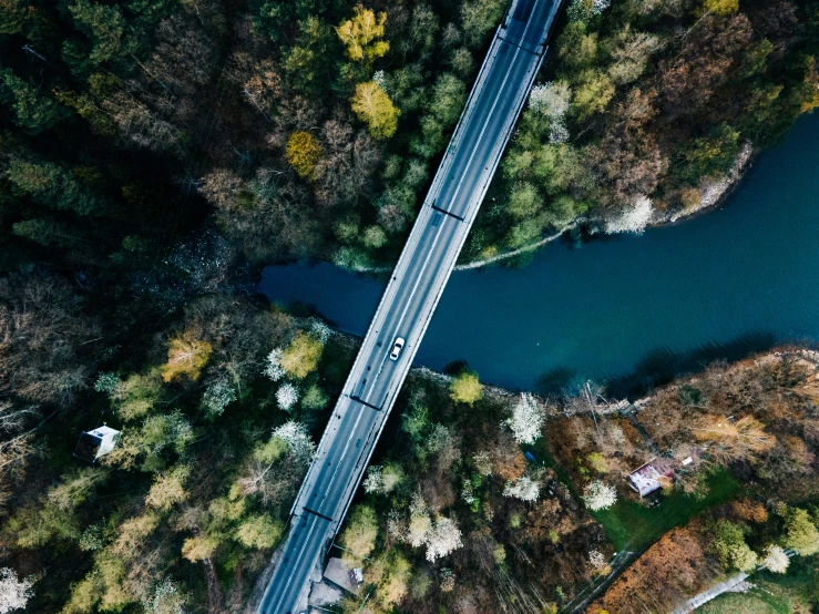 an aerial view of a road leading through a wooded area