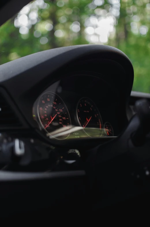 the gauges on a car in front of a forest