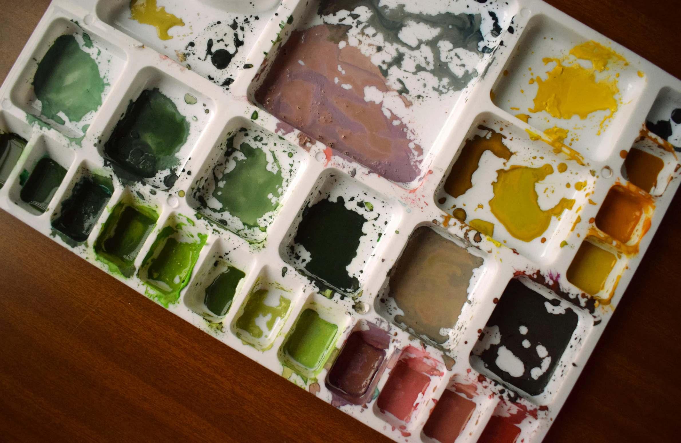 an assortment of paints, all different colors, all being divided by a plastic tray