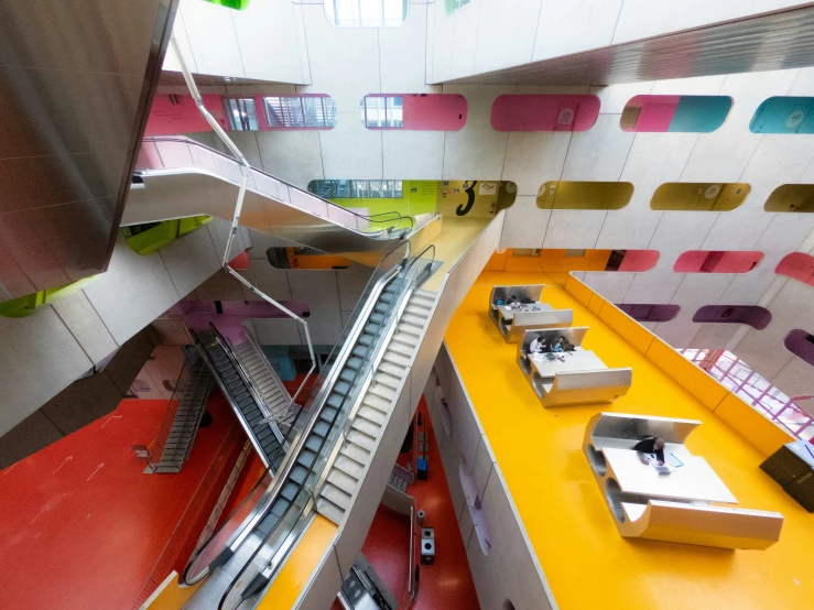 an overhead view looking down at colorful architecture