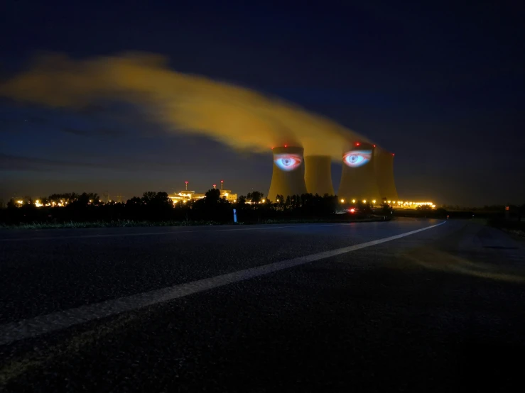 a night scene with the lights on cooling off in the background