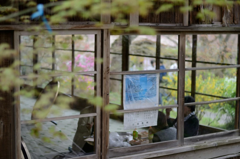 looking through the open window of a building in a garden