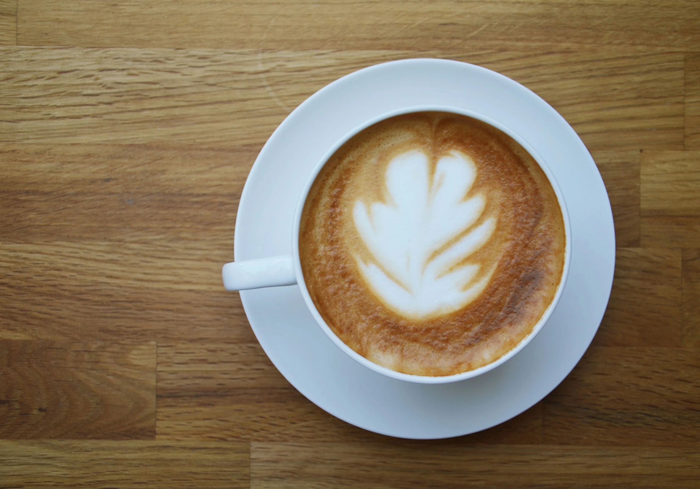 a cup filled with a latte topped with a leaf