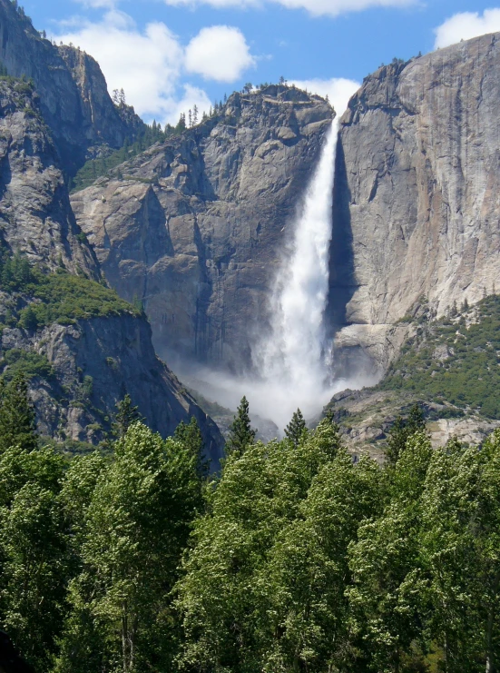 a massive waterfall with trees around it