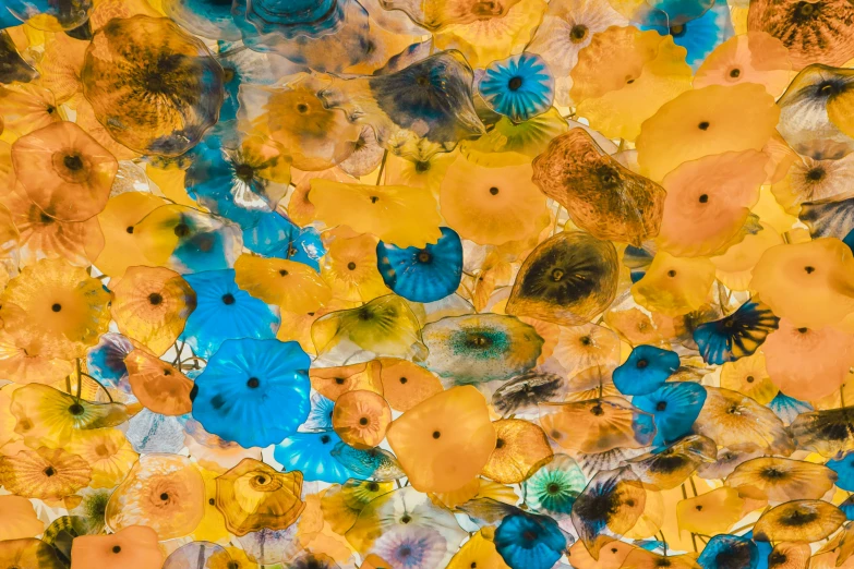 many colored glass flowers with blue erflies