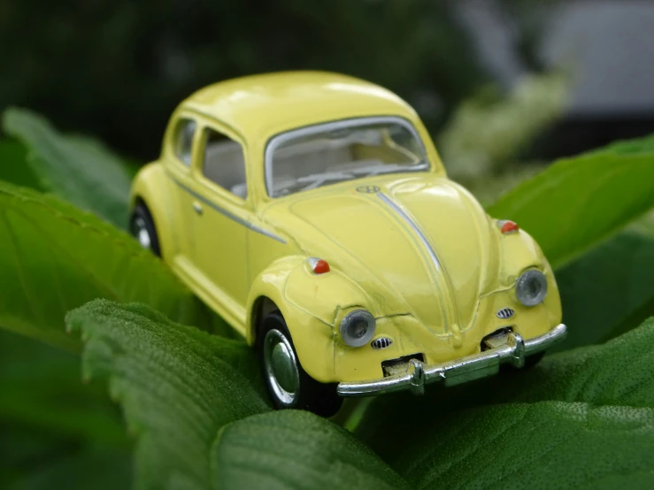 a yellow toy car is on a leaf