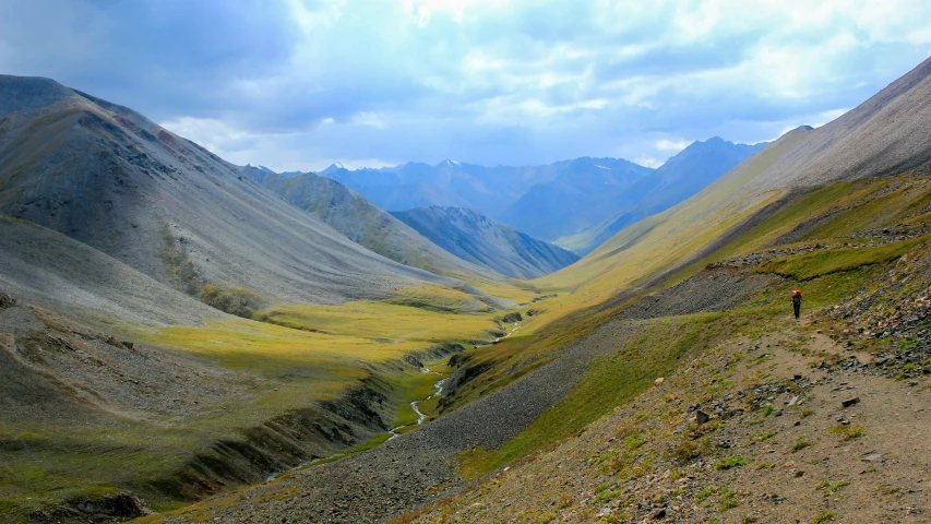 mountains and valleys with people on them on the trail