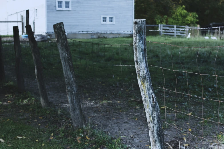 a wood fence standing next to a field with grass