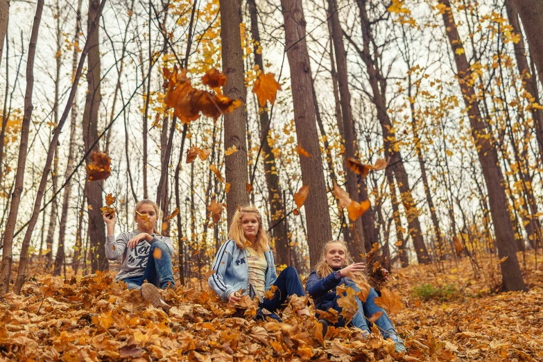 three s are playing in the leaves of the woods